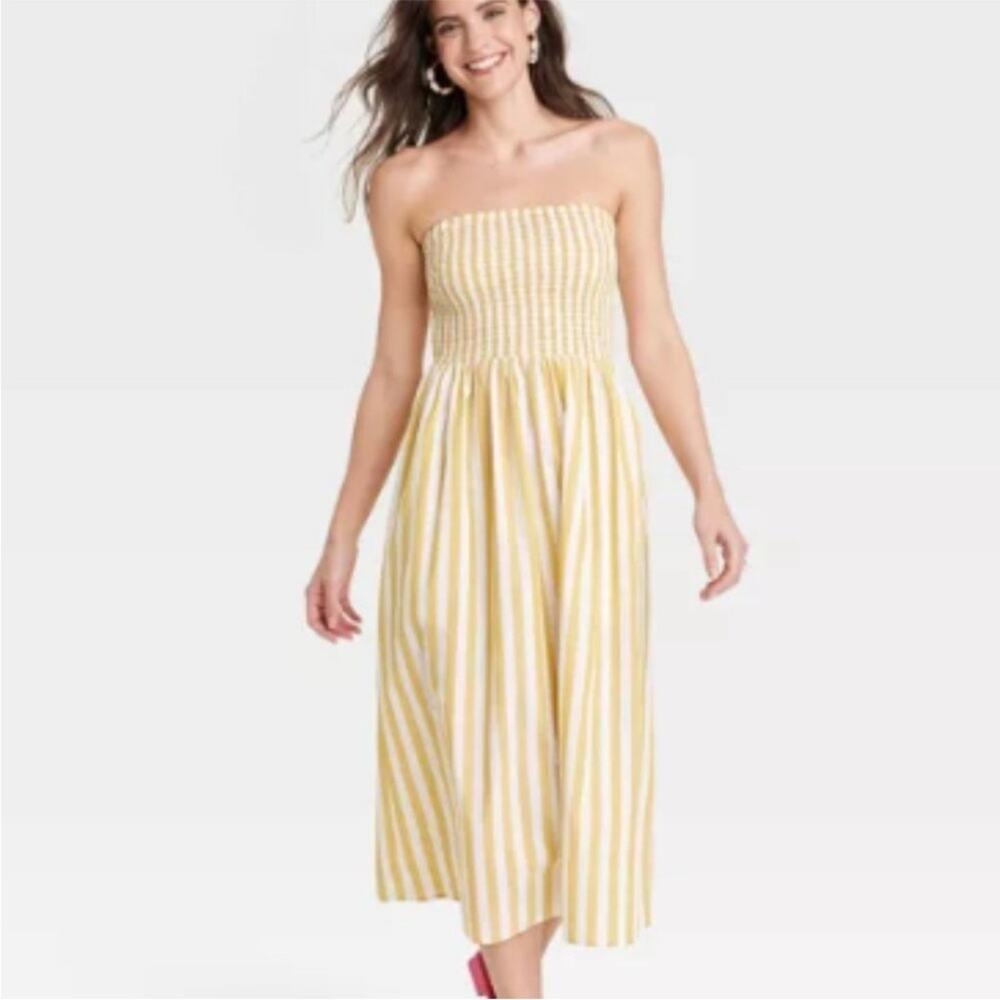 A New Day Yellow Strapless Smocked Tube Midi Sundress Sz M